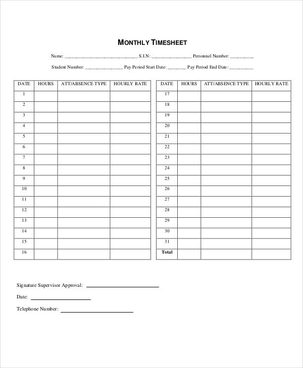 blank monthly timesheet