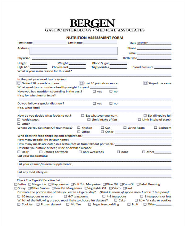 blank nutrition assessment form