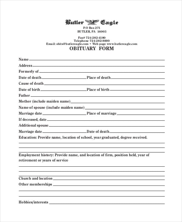 blank obituary form template