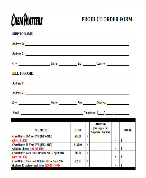 blank product order form