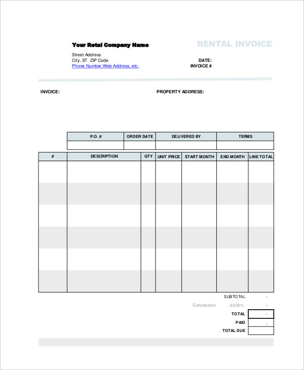 simple invoices format for renting equipment