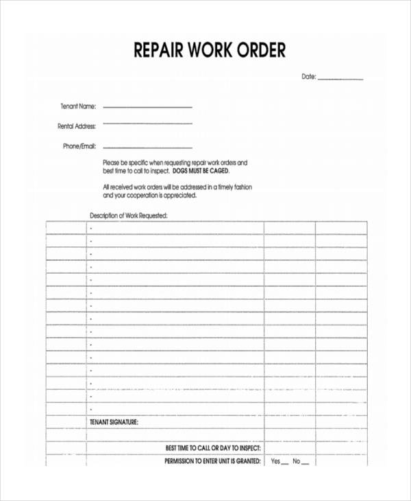 blank repair work order