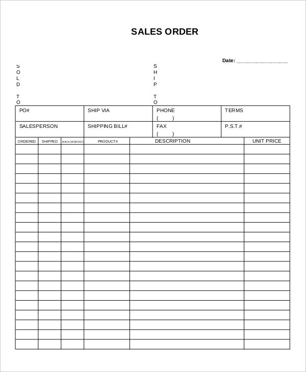 Printable Sales Order Form Template