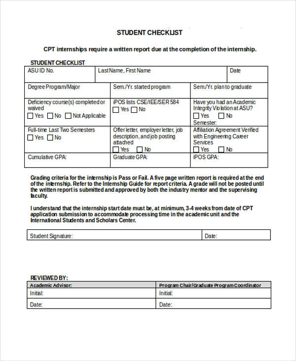 blank student checklist