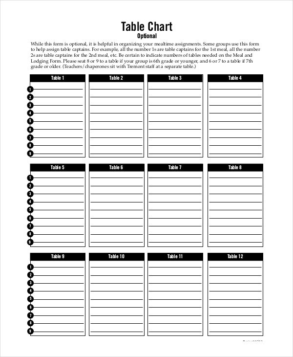 Blank Table Chart Printable