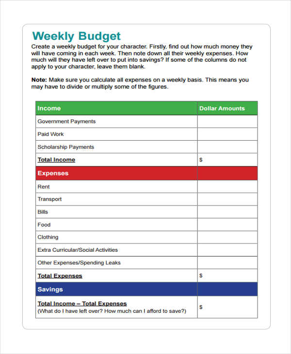 blank weekly budget