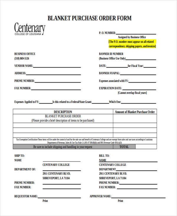 Blanket Purchase Order Template