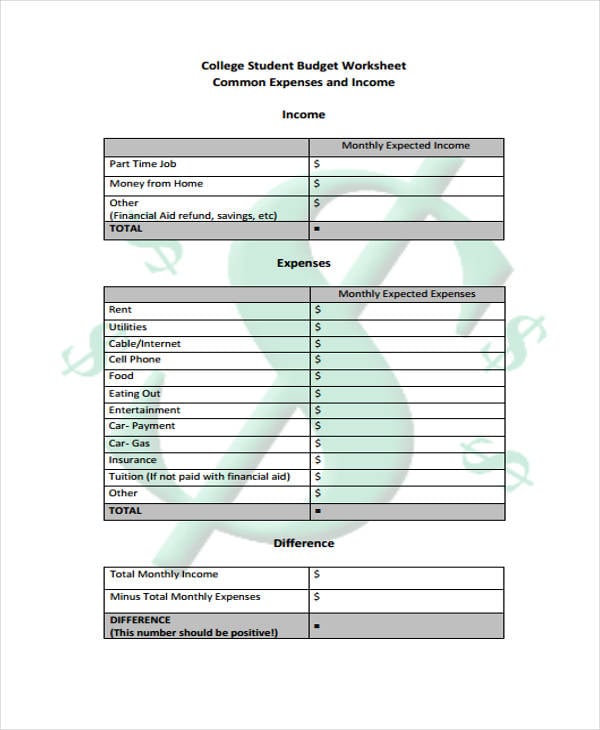 printable worksheet budget sample Budget Free   Sample,  Example Templates 11 Student