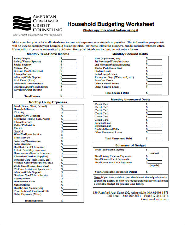 budget for home worksheet