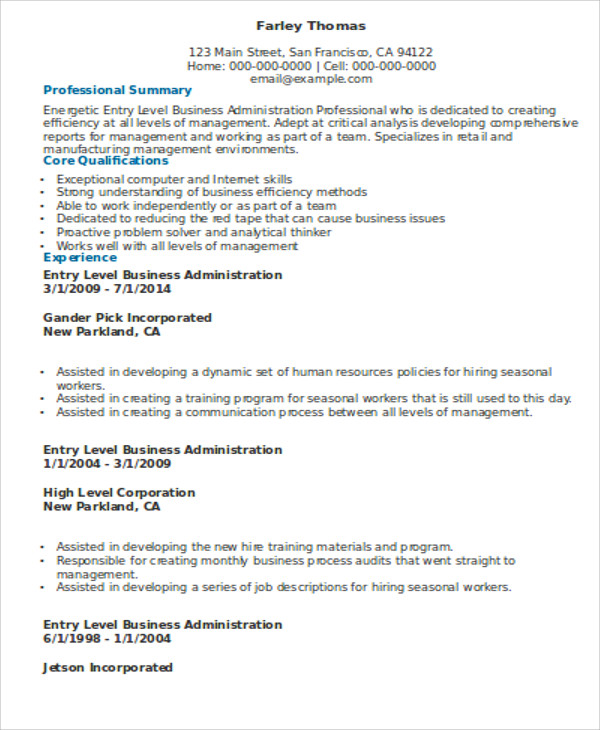 business administration graduate resume