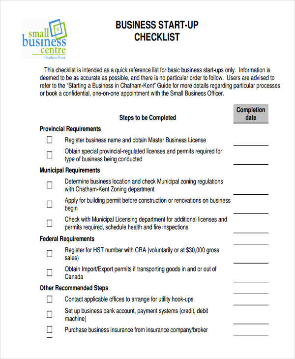 business checklist for startup