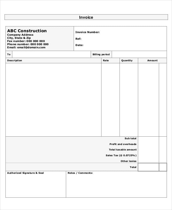 business invoice for construction