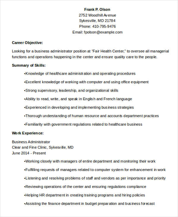 business management and administration resume