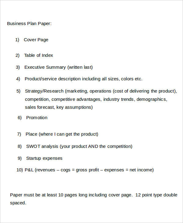 business plan paper format