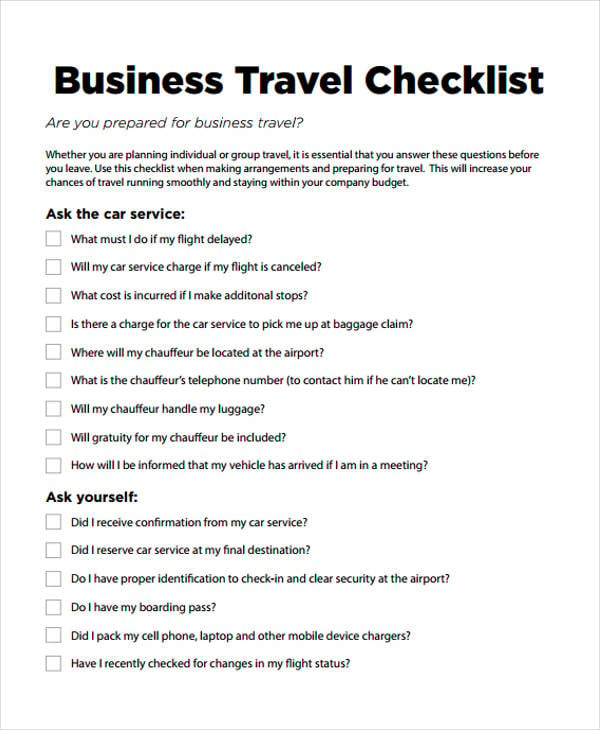 tourism trade checklist