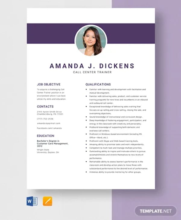 call center trainer resume template