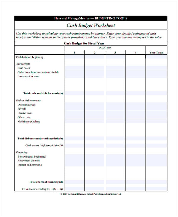 cash budget worksheet
