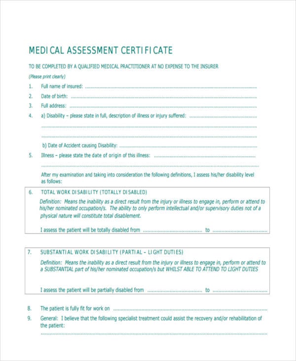 certificate for medical assessment