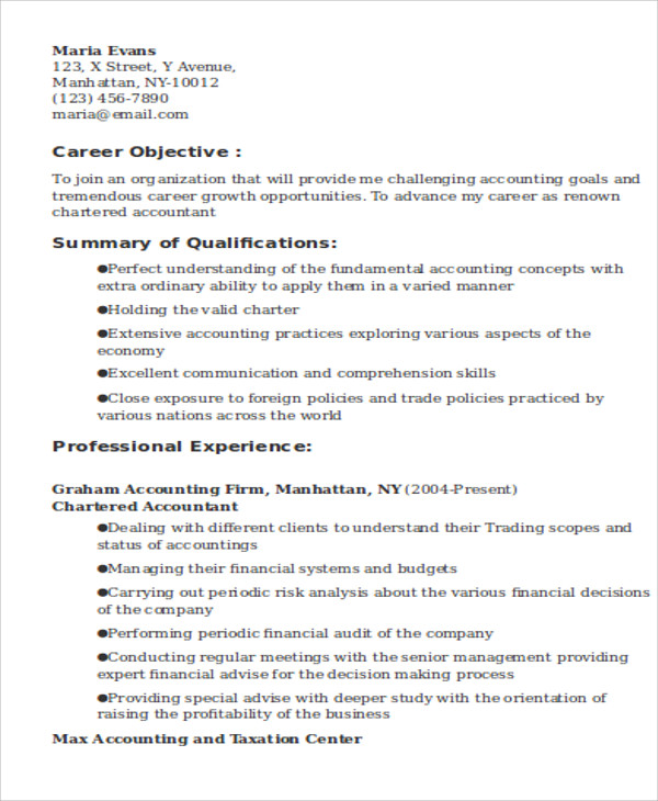 resume objective example for accounting