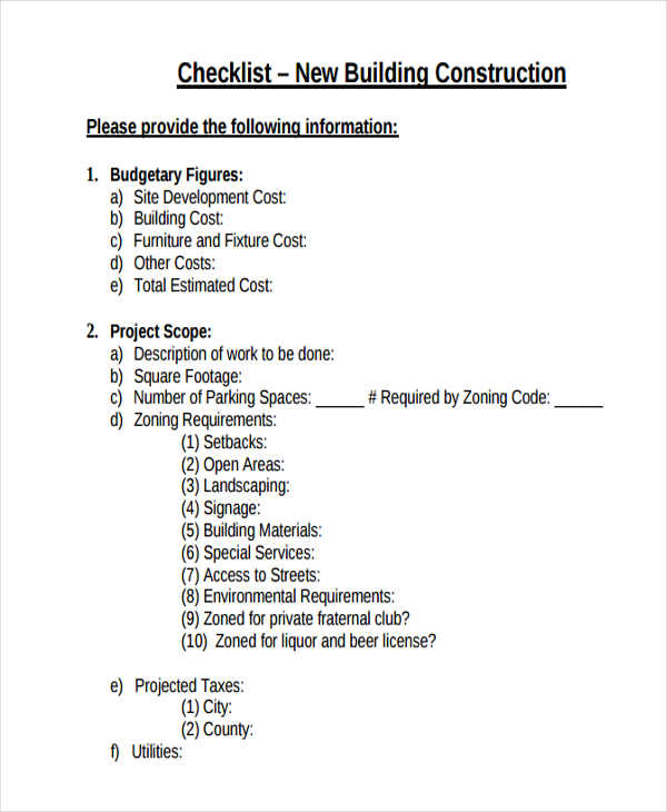 checklist for building construction