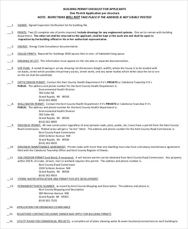 checklist of building permit