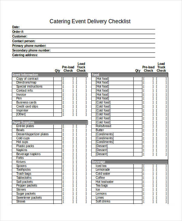 checklist of catering delivery