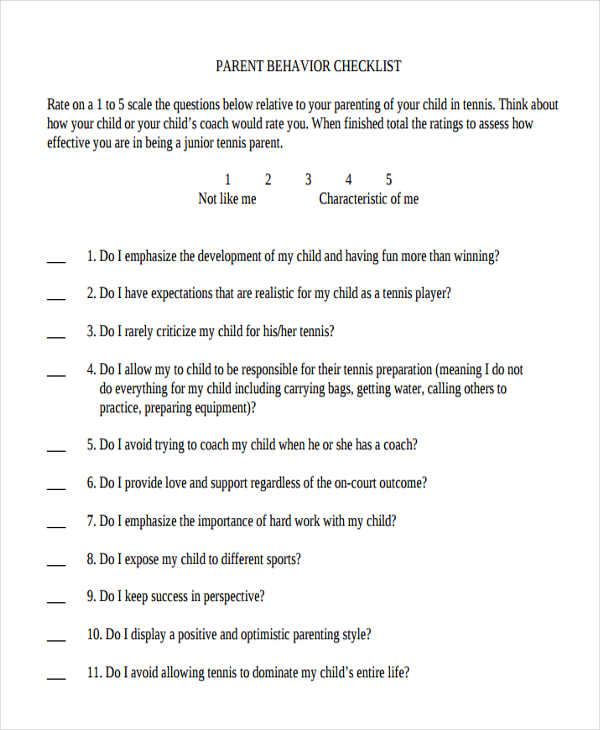 checklist of parent behavior