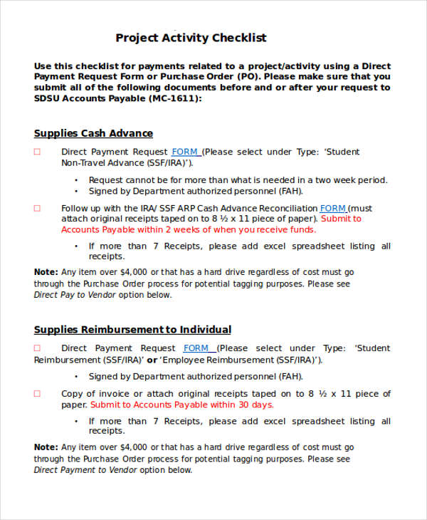 checklist of project activity