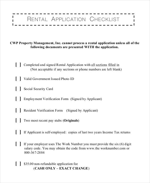 checklist of rental application
