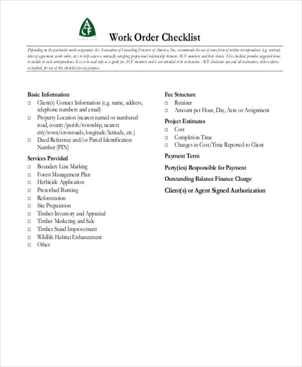checklist of work order