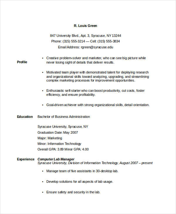 chronological graduate student resume