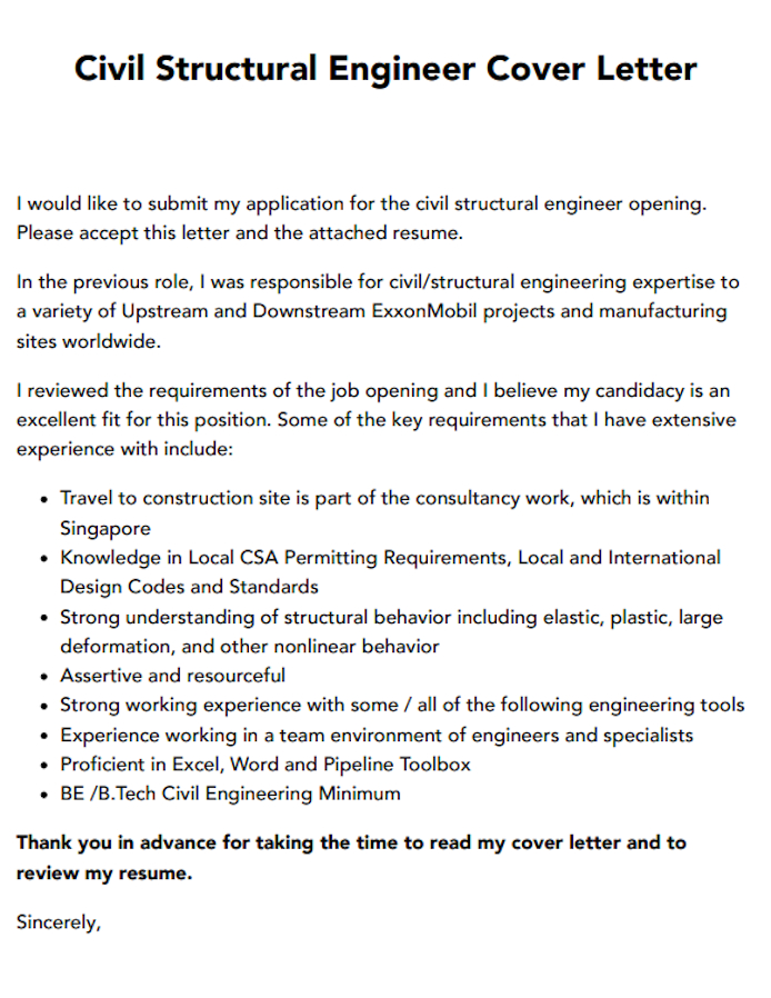 structural engineer cover letter for freshers