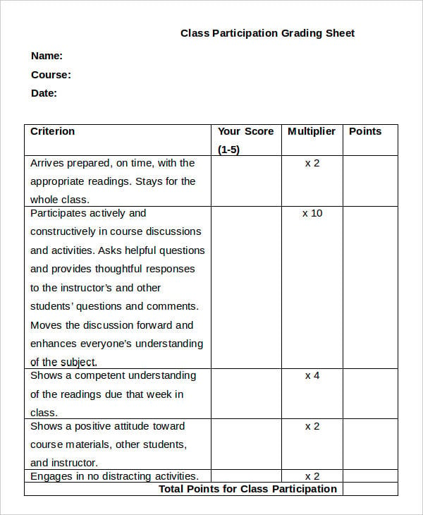 class participation grading sheet