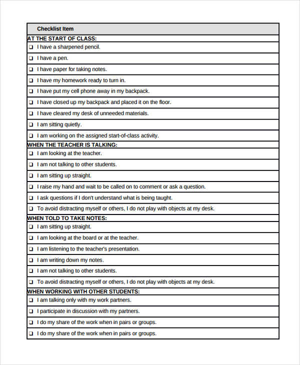 classroom behavior checklist