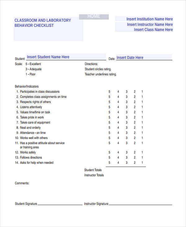 classroom behavior checklist