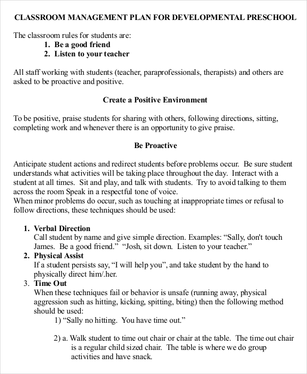 classroom management plan for preschool