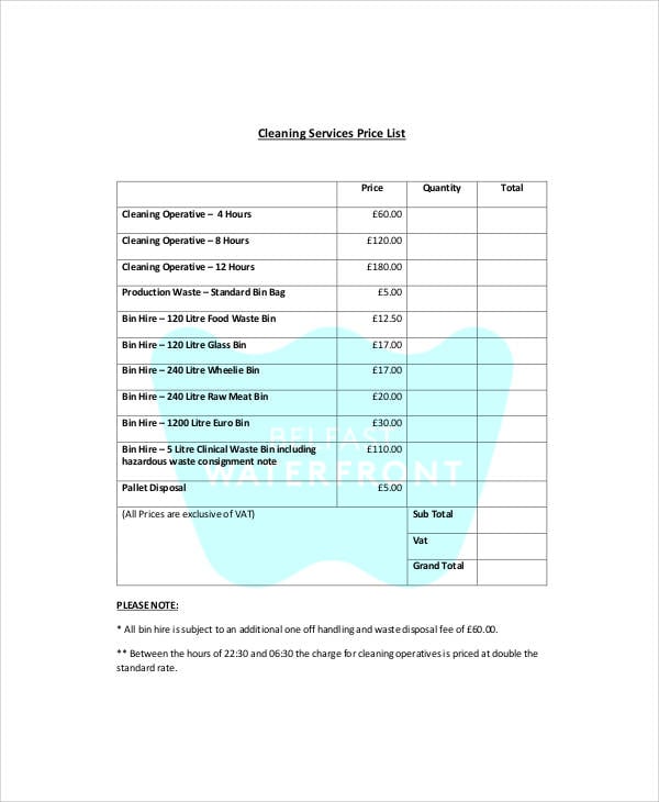 cleaning service price list