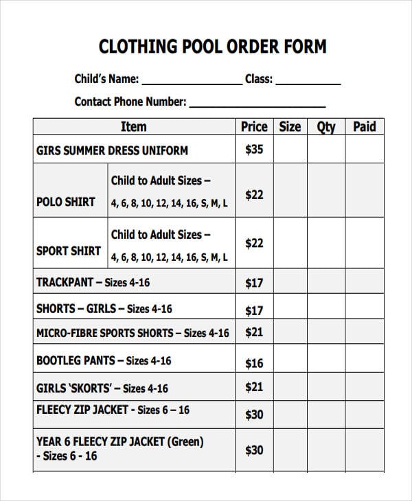 clothing pool order