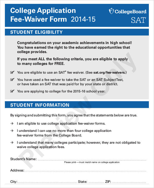 college application fee waiver form