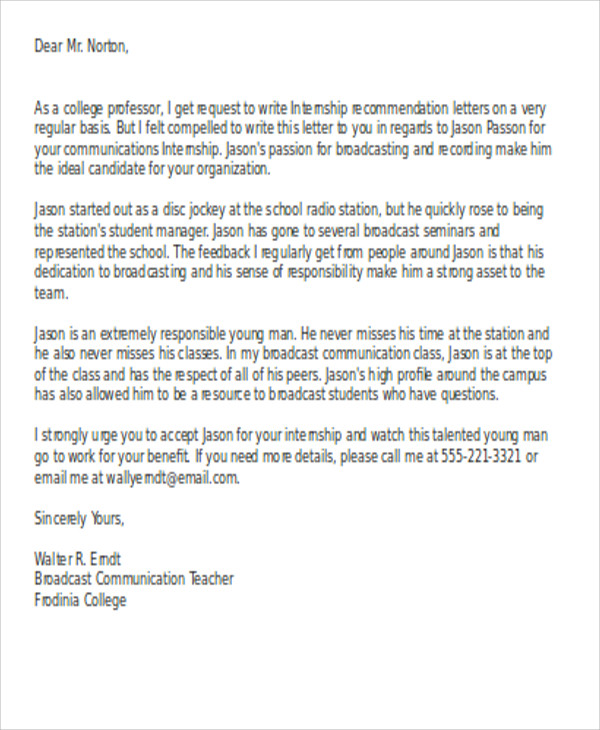 Reference Letter For Student Internship