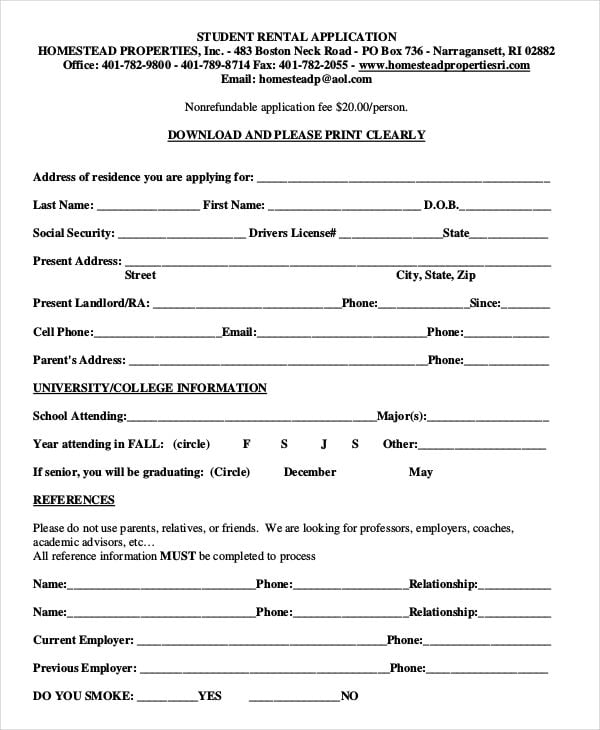 college student rental application
