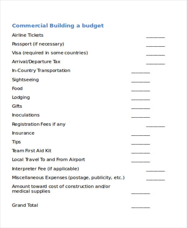 commercial building budget template