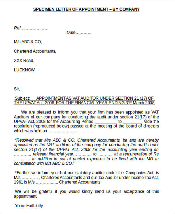 company auditor appointment letter