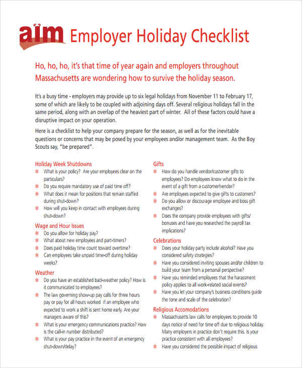 company holiday checklist