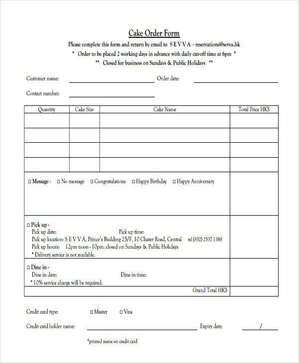 10 cake order forms free samples examples format download free