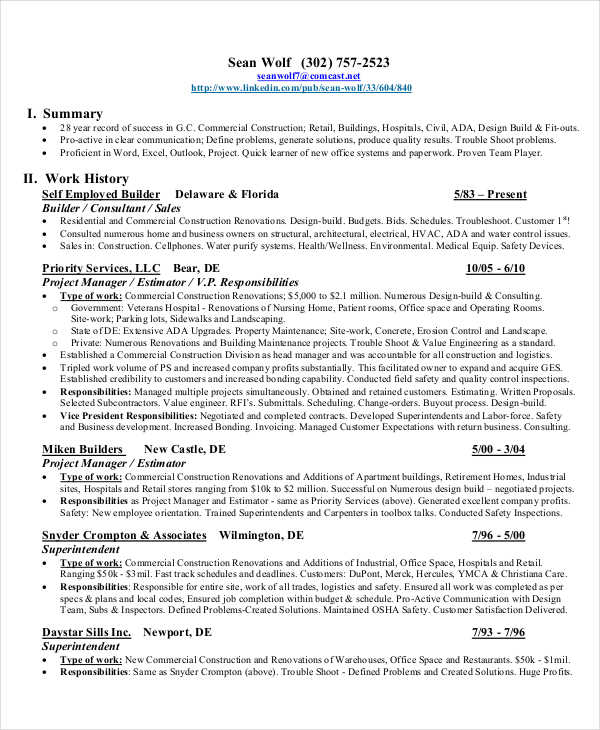 construction business owner resume