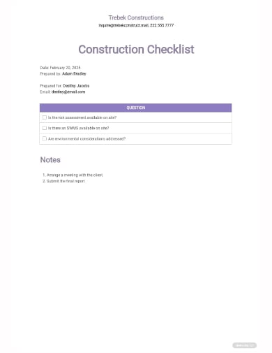 construction checklist template