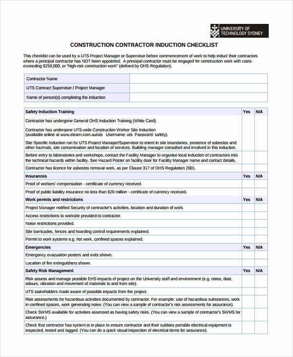 construction induction checklist