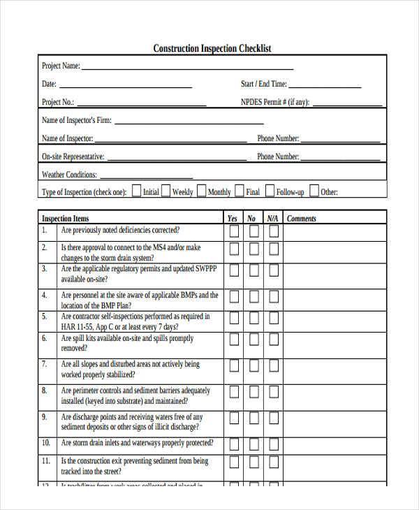 Construction Site Inspection Checklist Template Pdf Riset