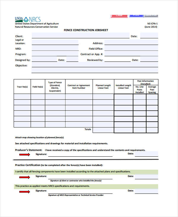 construction job sheet